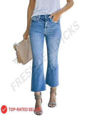 Women's Cropped Bootcut Flare Jeans High Rise Raw Hem Cotton Blend